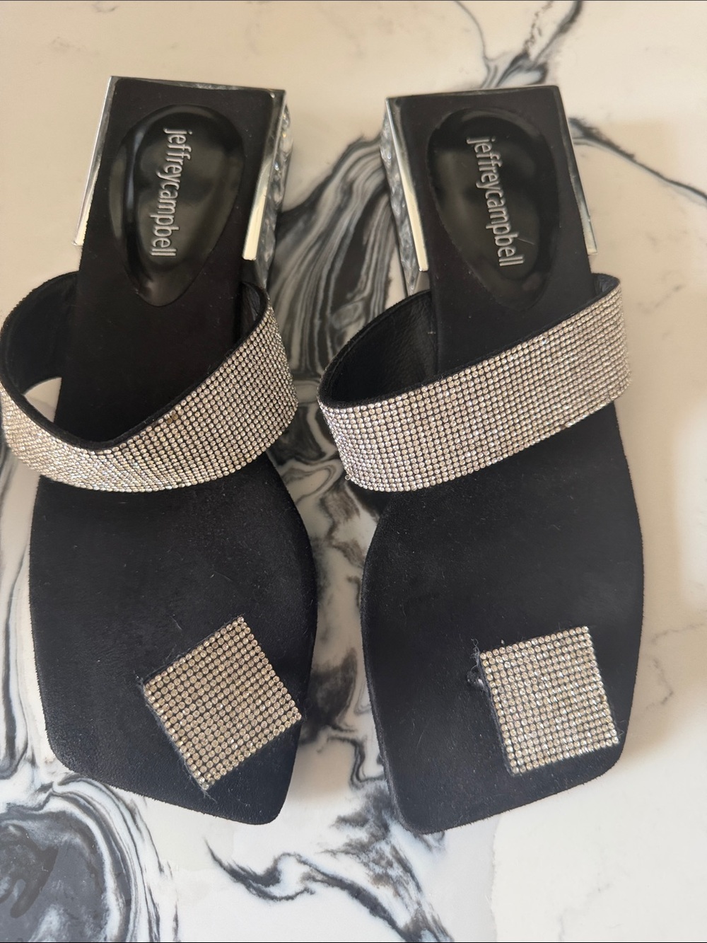 Jeffrey Campbell Black Satin Slides with Silver Rhinestone Straps